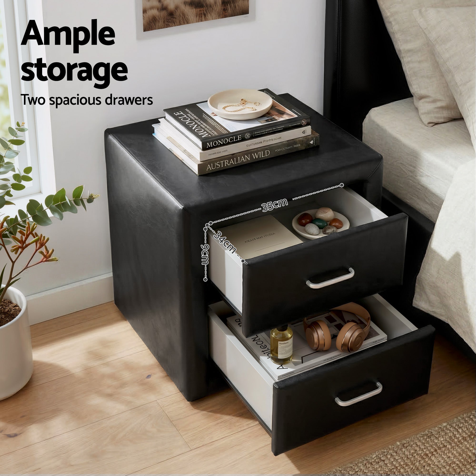 Artiss King Single Bed Frame Storage White Leather Gas Lift Bed Black Bedside Table Set