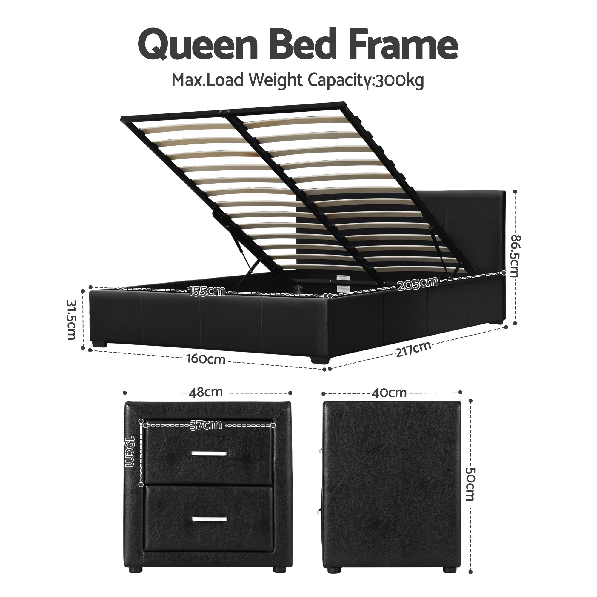 Artiss Gas Lift Queen Bed Frame and 2 Bedside Table Set Leather Black