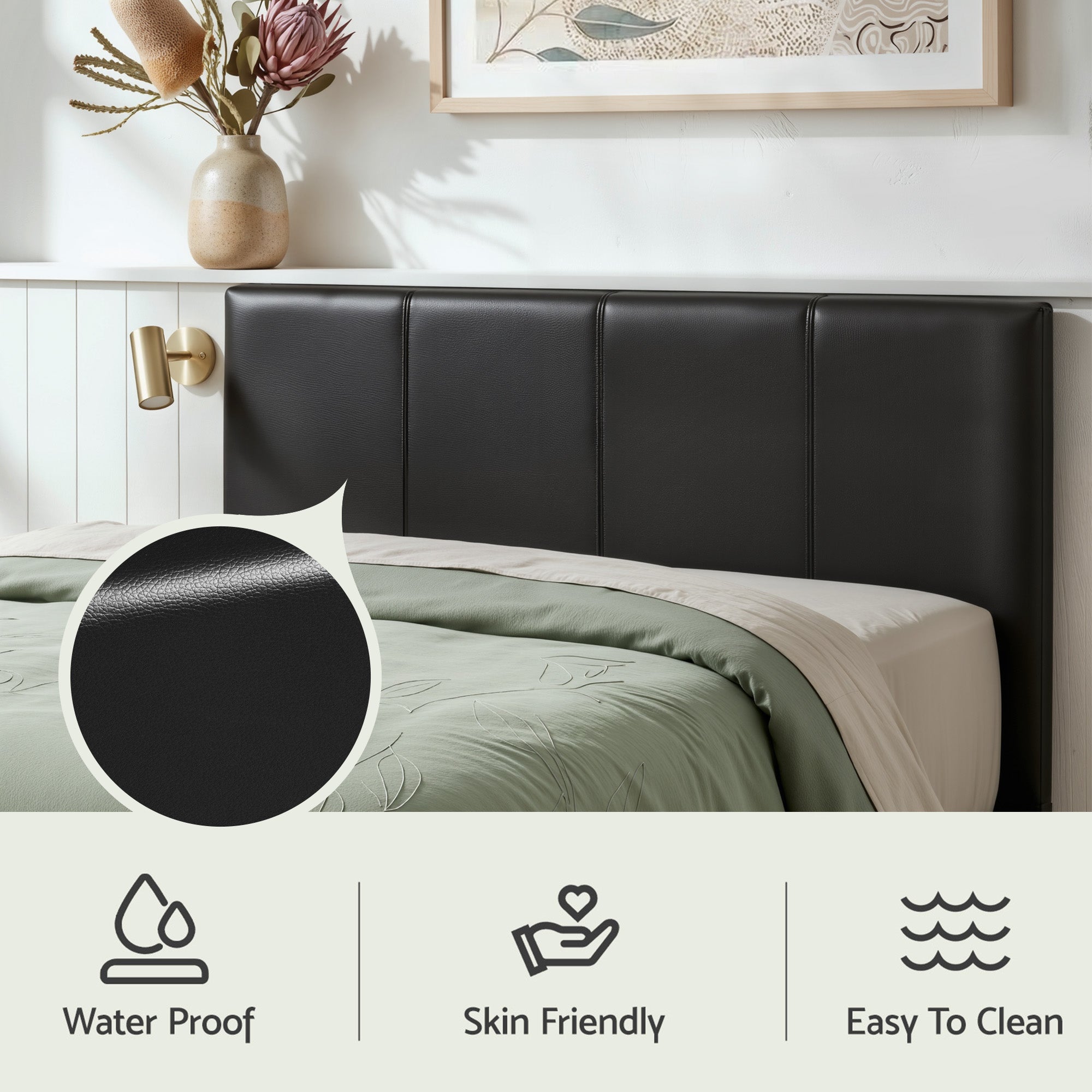 Artiss Gas Lift Queen Bed Frame and 2 Bedside Table Set Leather Black