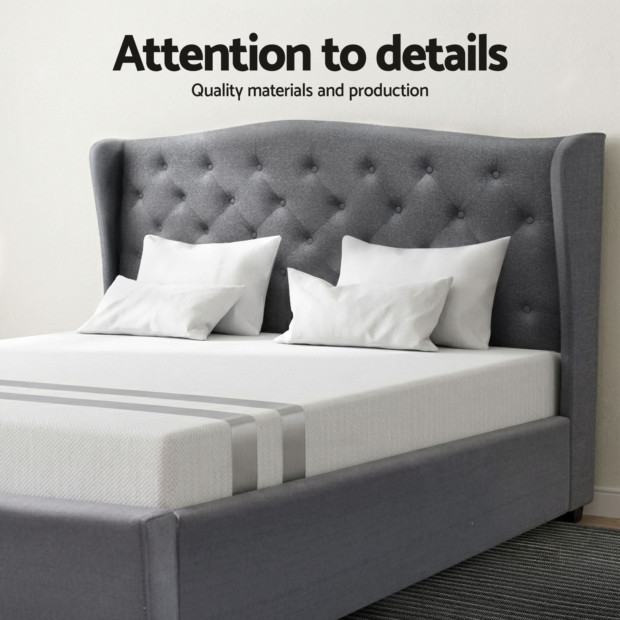 Artiss and BedStory Double Bed Frame and Mattress Set Memory Foam Cooling Gel Medium Soft Tufted Wing Headboard Grey