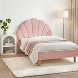 Beds & Bed Frames: Artiss Bed Frame King Single with Bedside Table Set Scallop Headboard Pink Velvet Fabric Beds Base