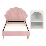 Beds & Bed Frames: Artiss Bed Frame King Single with Bedside Table Set Scallop Headboard Pink Velvet Fabric Beds Base