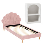 Beds & Bed Frames: Artiss Bed Frame King Single with Bedside Table Set Scallop Headboard Pink Velvet Fabric Beds Base
