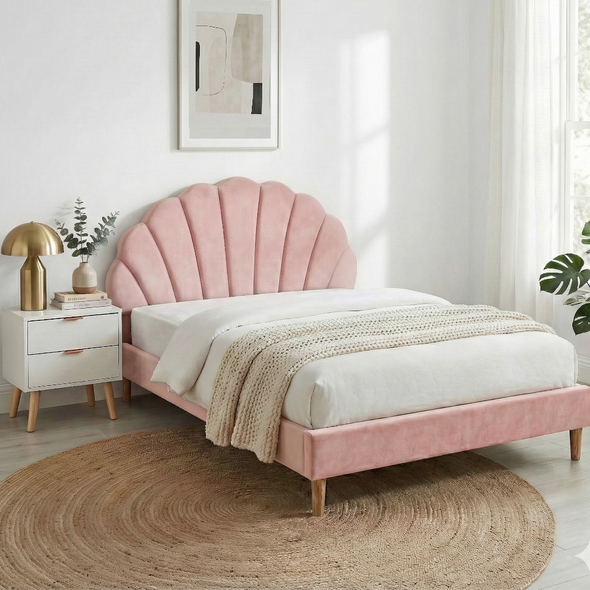 Beds & Bed Frames: Artiss Double Bed Frame Scallop Headboard Pink Velvet with 2 Drawer Bedside Table