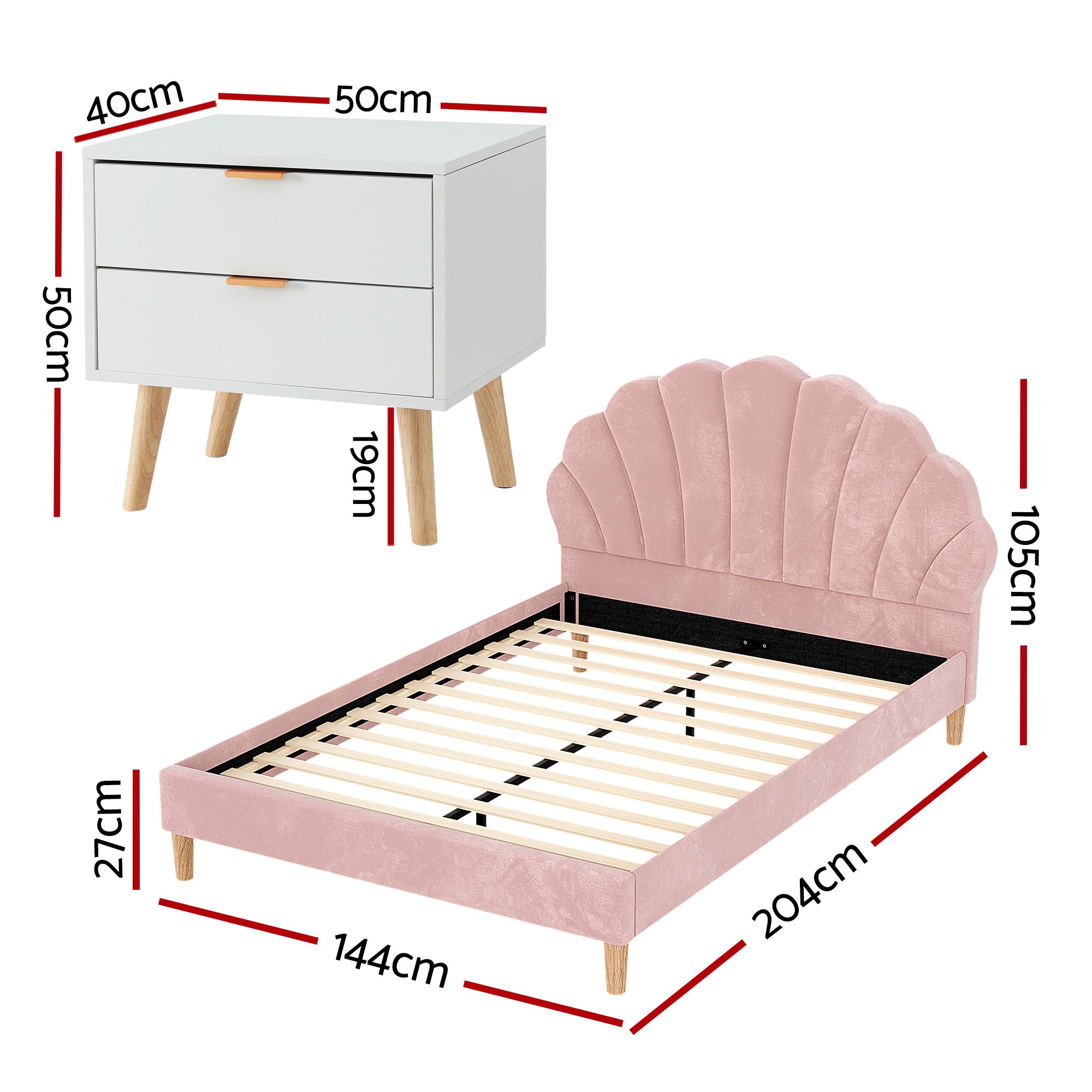 Beds & Bed Frames: Artiss Double Bed Frame Scallop Headboard Pink Velvet with 2 Drawer Bedside Table