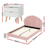 Beds & Bed Frames: Artiss Double Bed Frame Scallop Headboard Pink Velvet with 2 Drawer Bedside Table