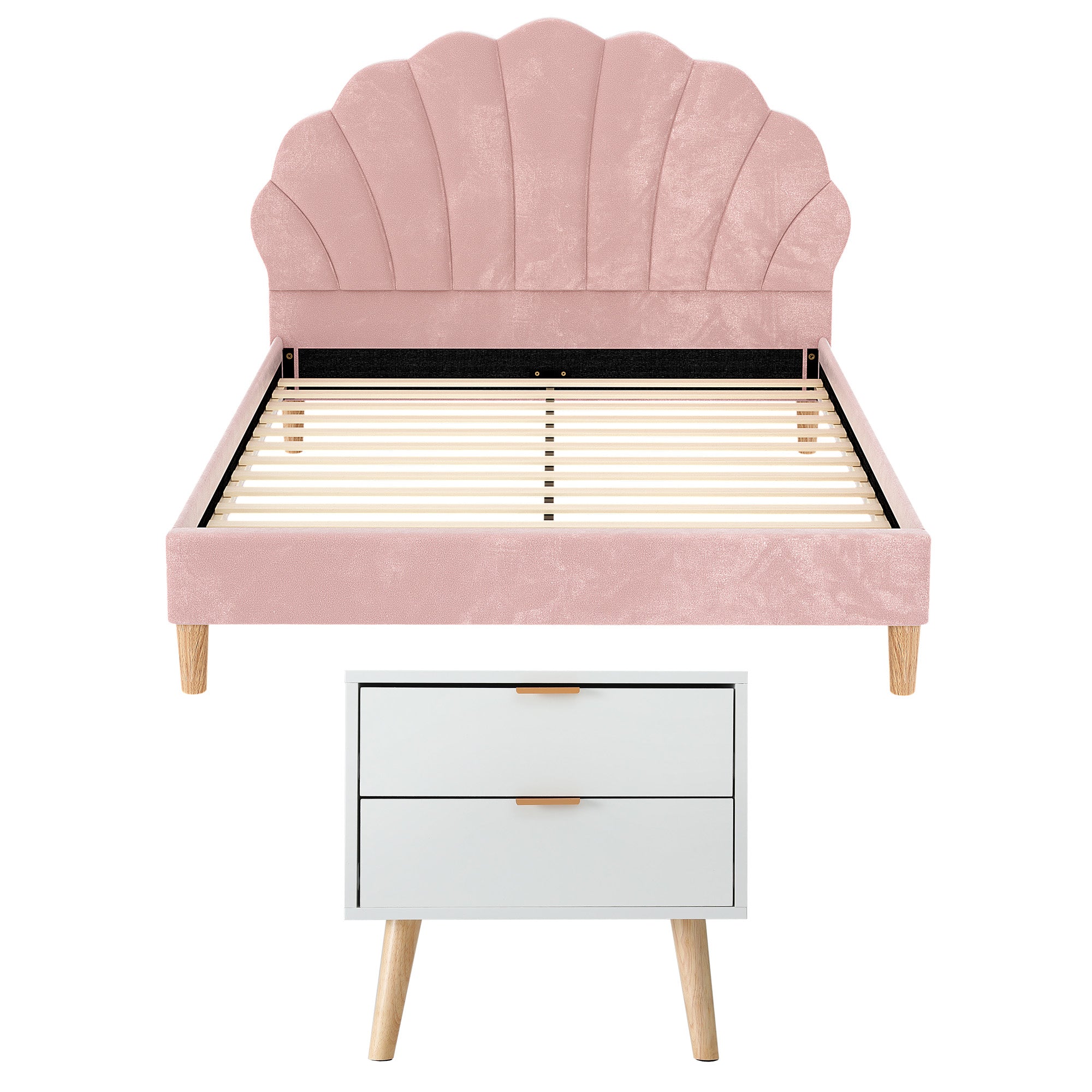 Beds & Bed Frames: Artiss Double Bed Frame Scallop Headboard Pink Velvet with 2 Drawer Bedside Table