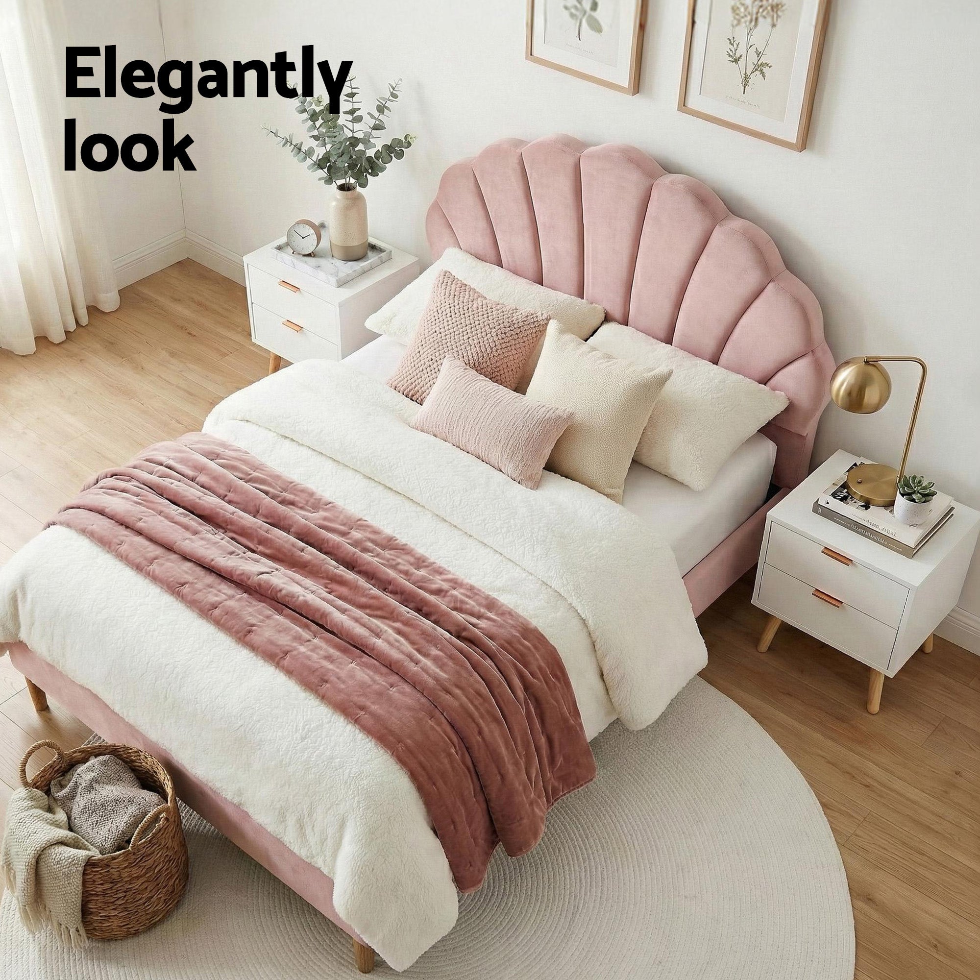 Beds & Bed Frames: Artiss Double Bed Frame Scallop Headboard Pink Velvet with 2 Drawer Bedside Table