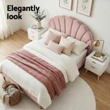 Beds & Bed Frames: Artiss Double Bed Frame Scallop Headboard Pink Velvet with 2 Drawer Bedside Table