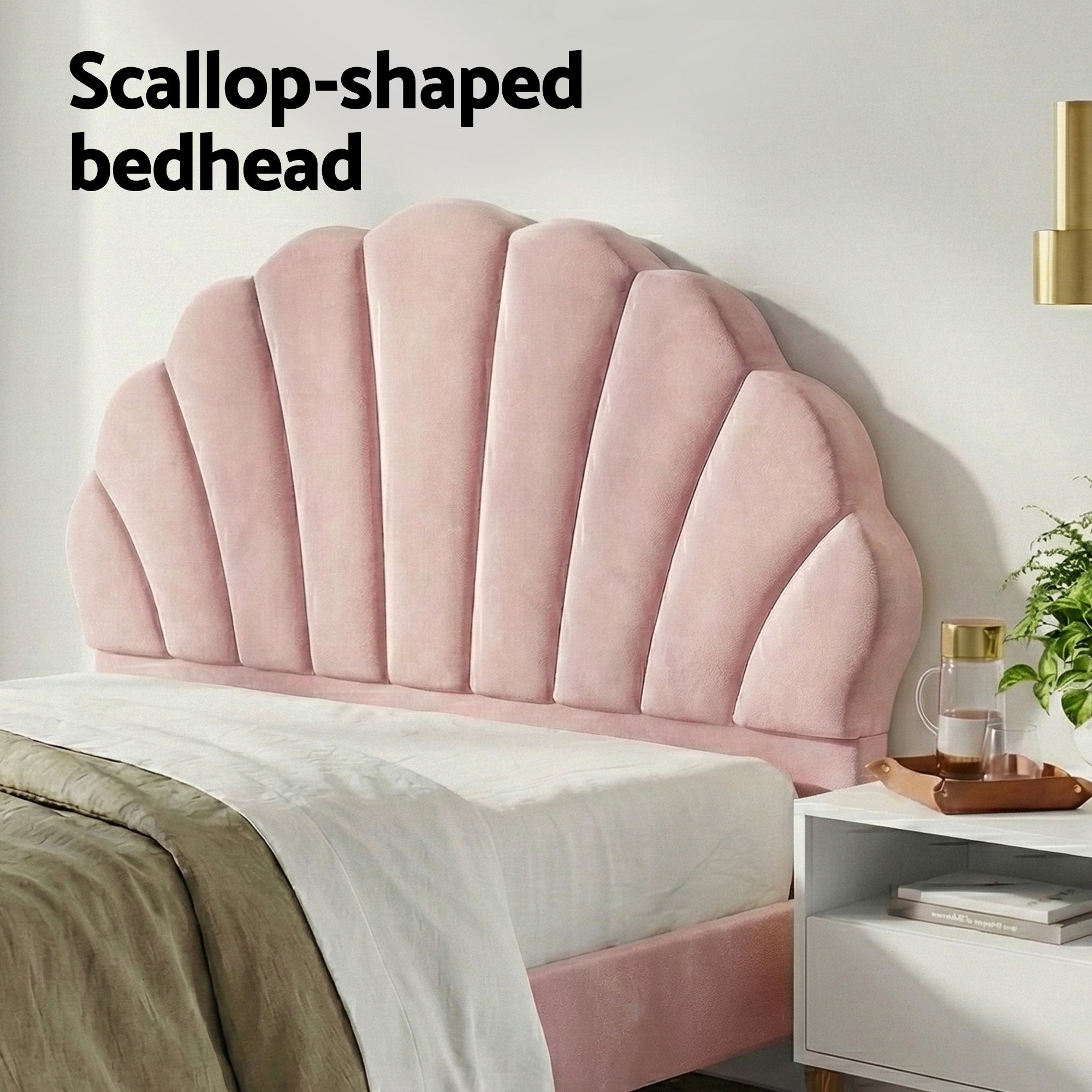 Beds & Bed Frames: Artiss Double Bed Frame Scallop Headboard Pink Velvet with 2 Drawer Bedside Table