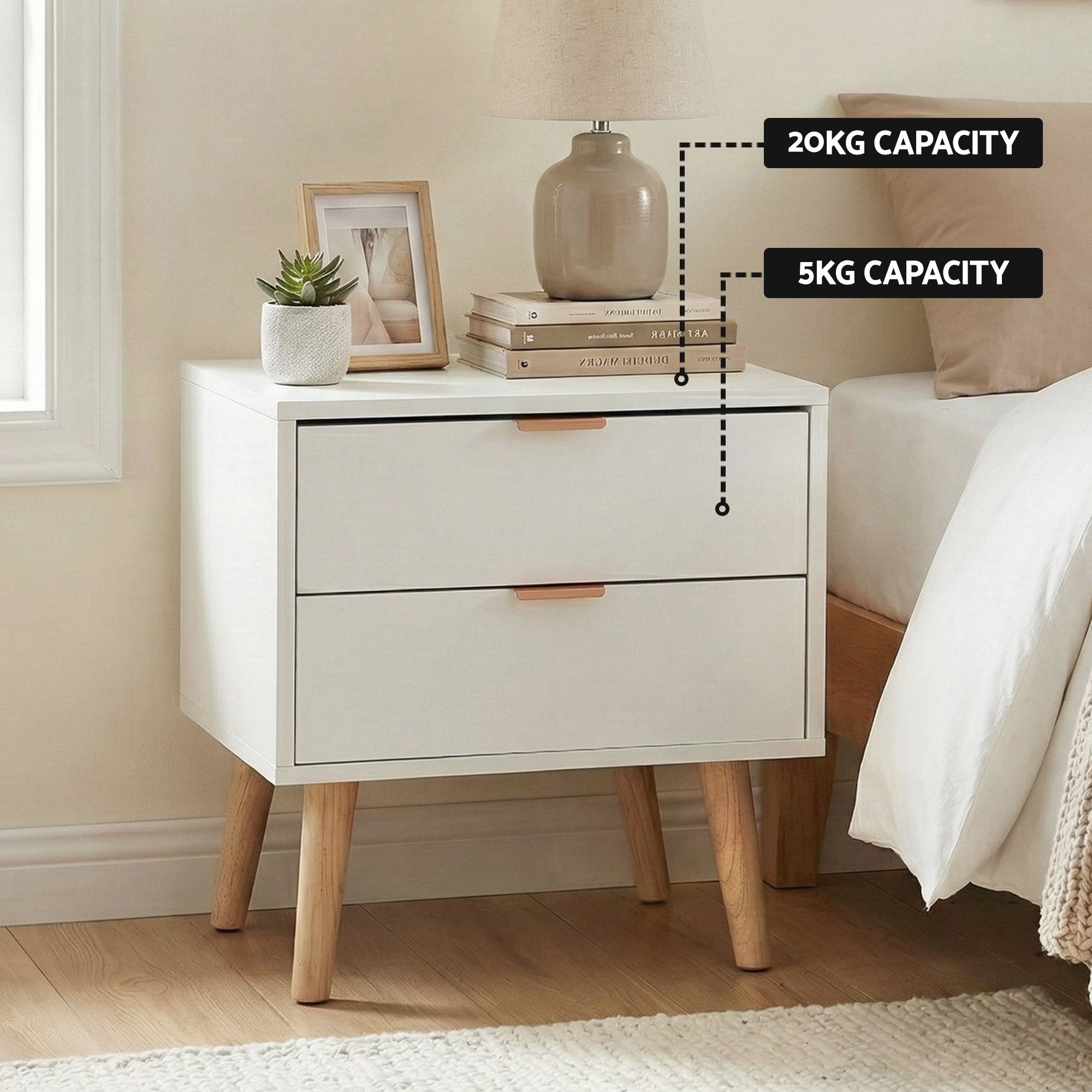Beds & Bed Frames: Artiss Double Bed Frame Scallop Headboard Pink Velvet with 2 Drawer Bedside Table