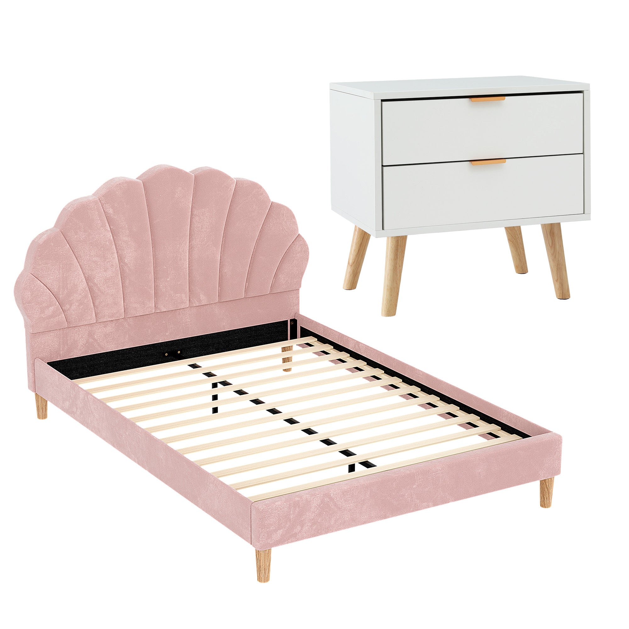 Beds & Bed Frames: Artiss Double Bed Frame Scallop Headboard Pink Velvet with 2 Drawer Bedside Table