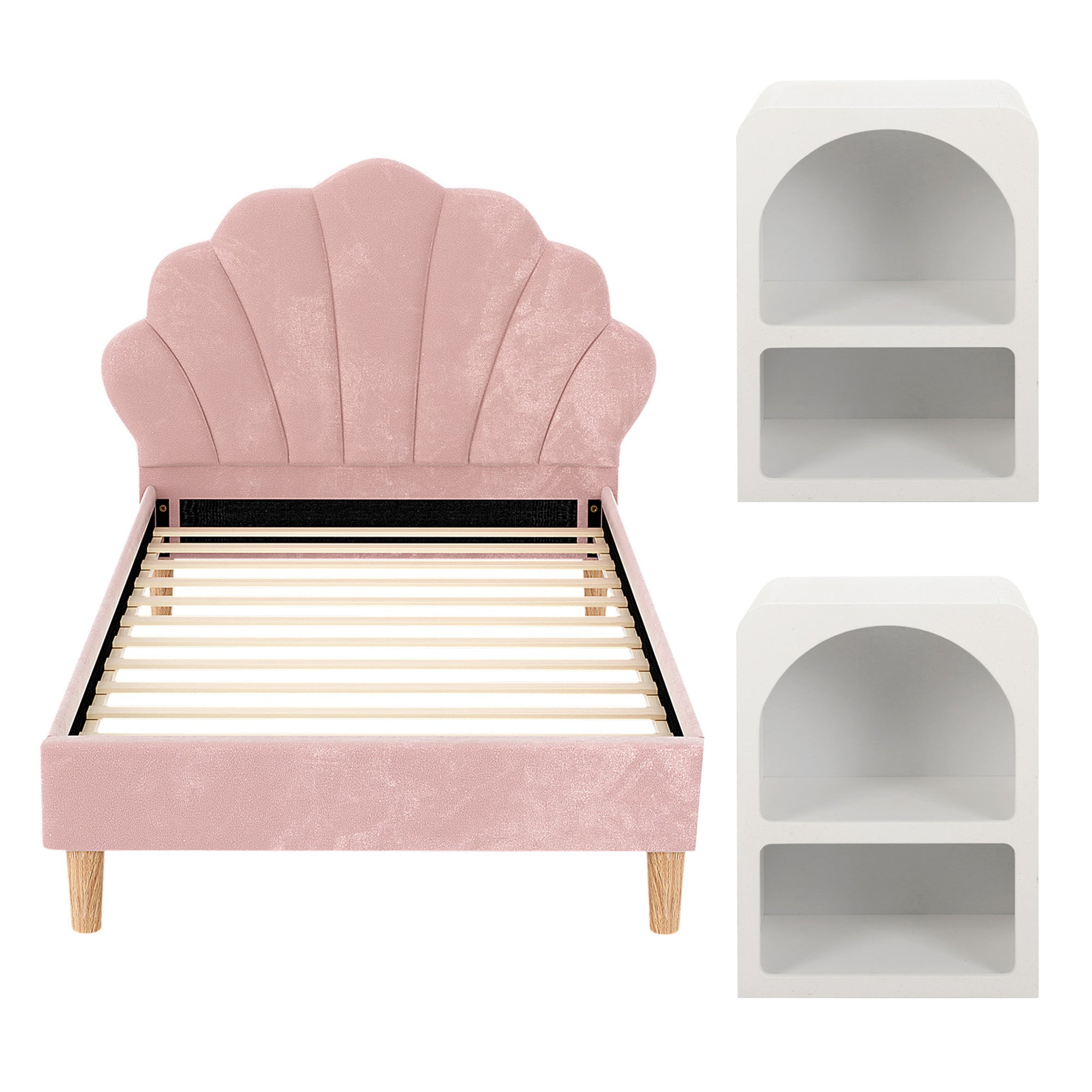 Artiss Bed Frame King Single with 2 Bedside Tables Set Scallop Headboard Pink Velvet Fabric Beds Base