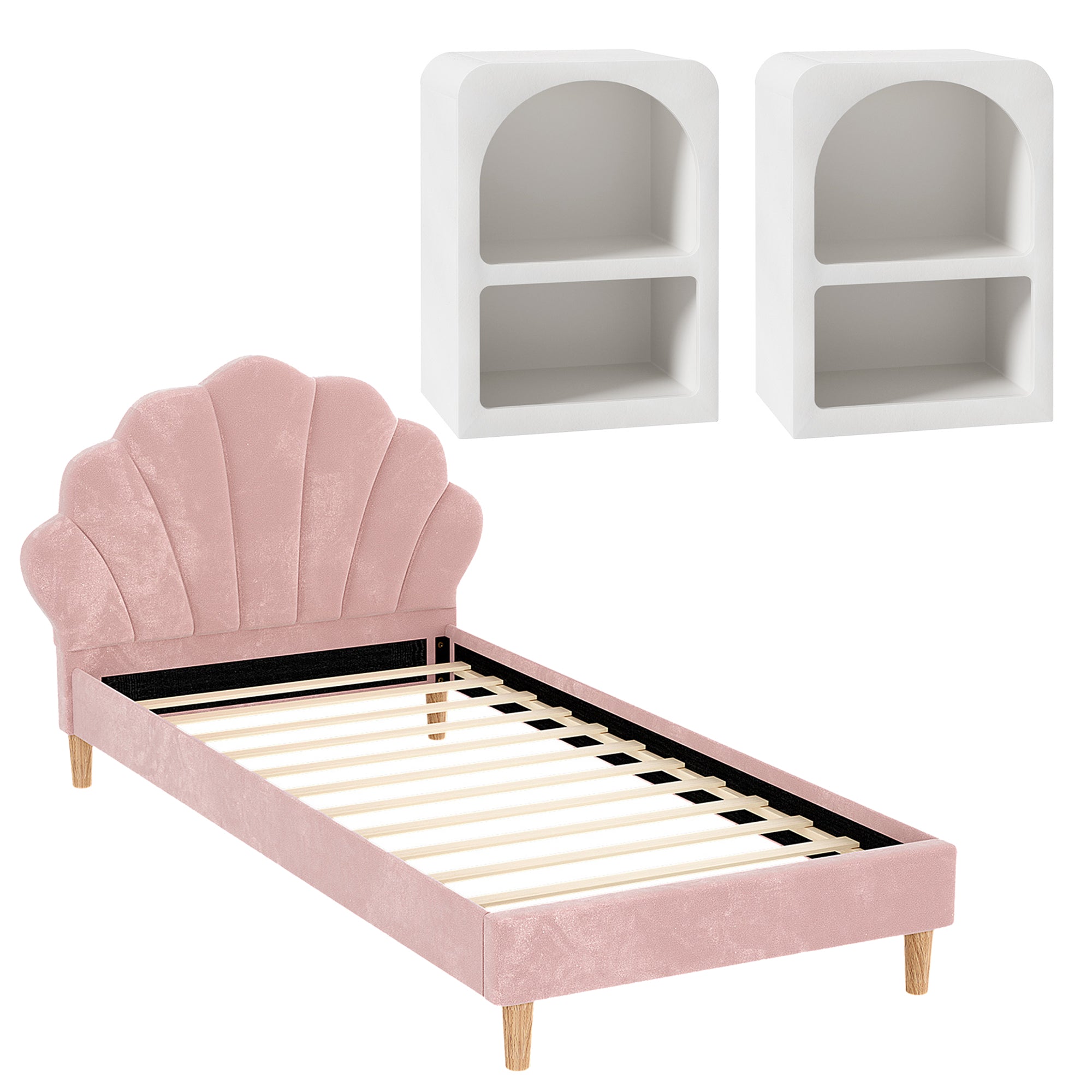 Artiss Bed Frame King Single with 2 Bedside Tables Set Scallop Headboard Pink Velvet Fabric Beds Base