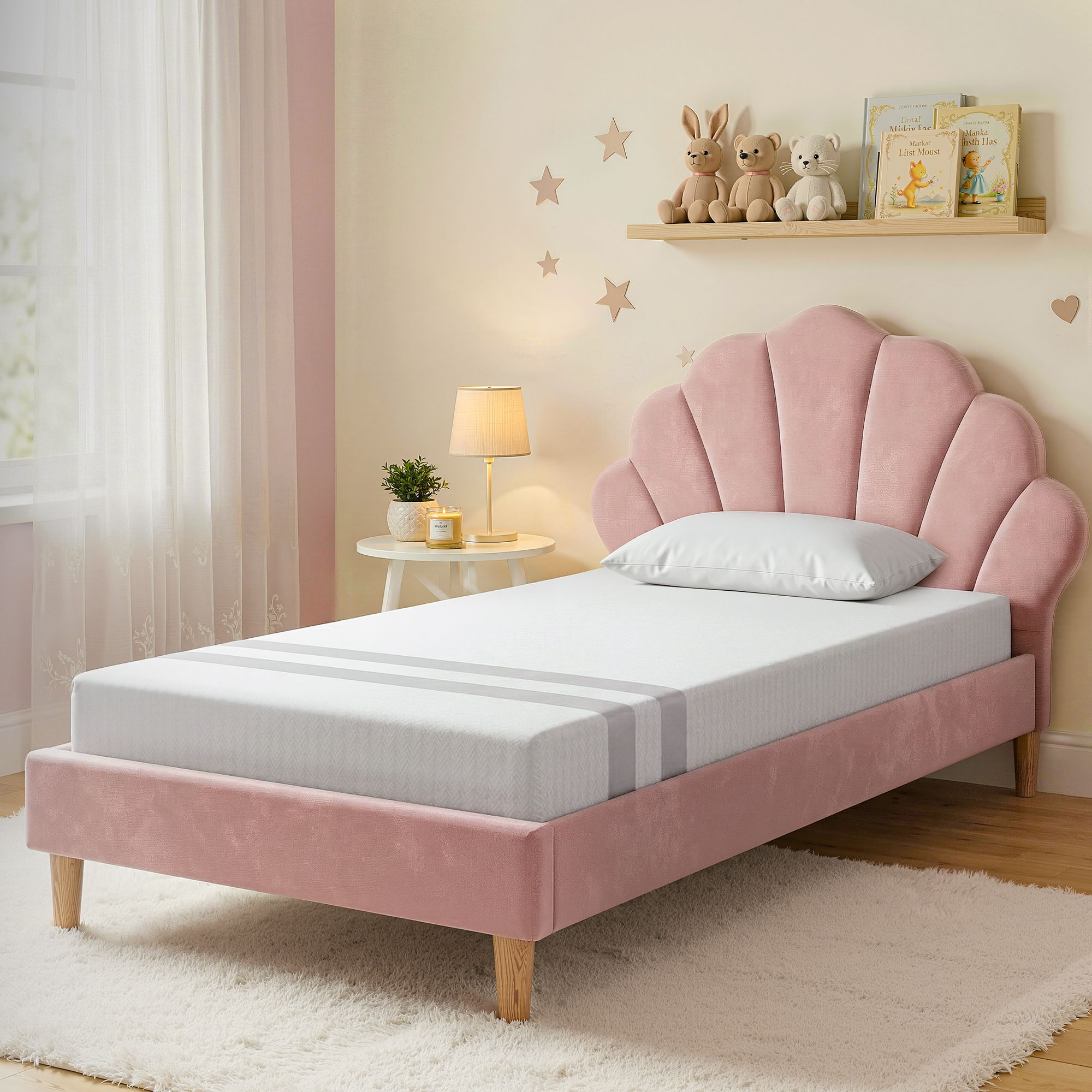 Artiss King Single Bed Frame BedStory Mattress Set Pink Velvet Scallop Bedhead with 20cm Mattress