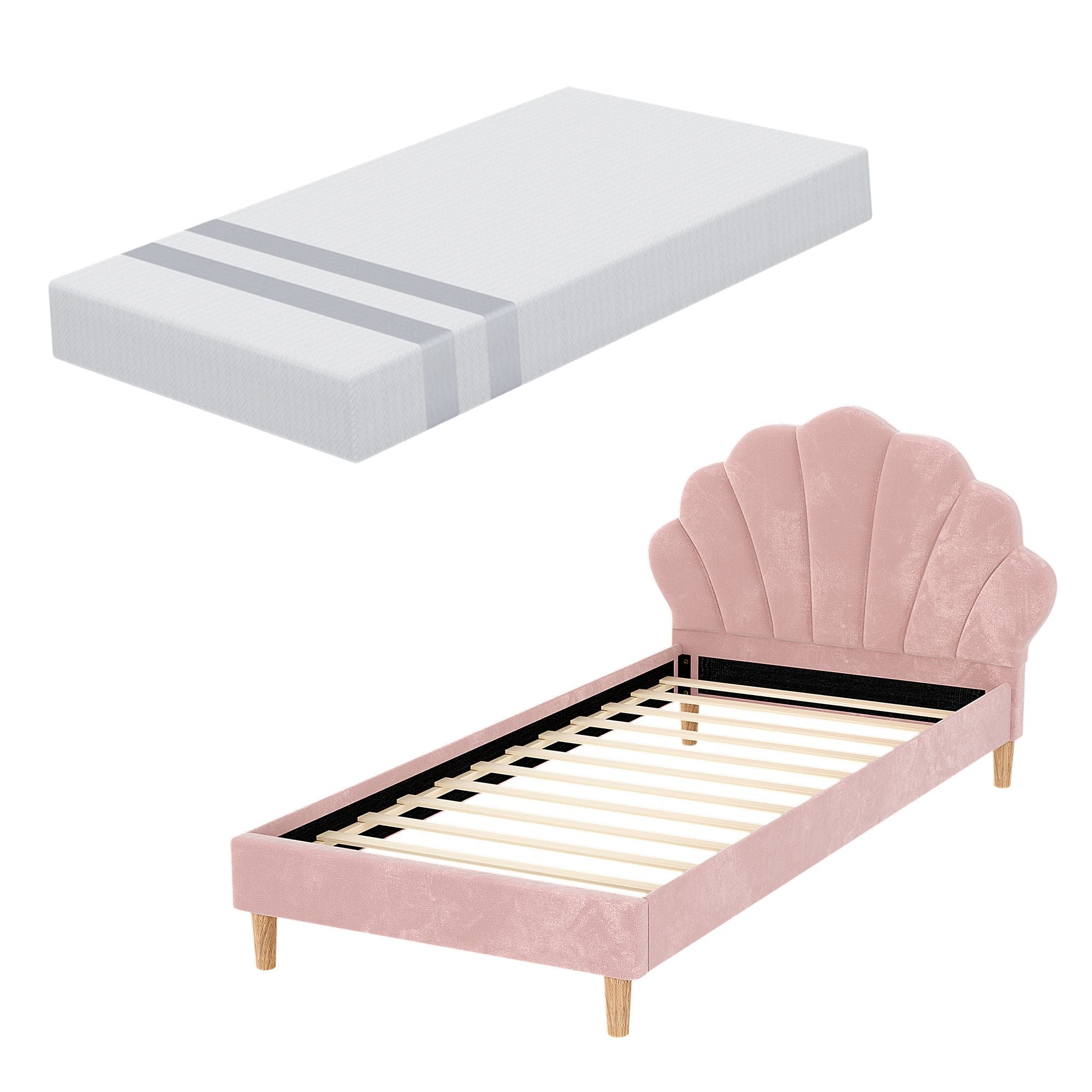 Artiss King Single Bed Frame BedStory Mattress Set Pink Velvet Scallop Bedhead with 20cm Mattress
