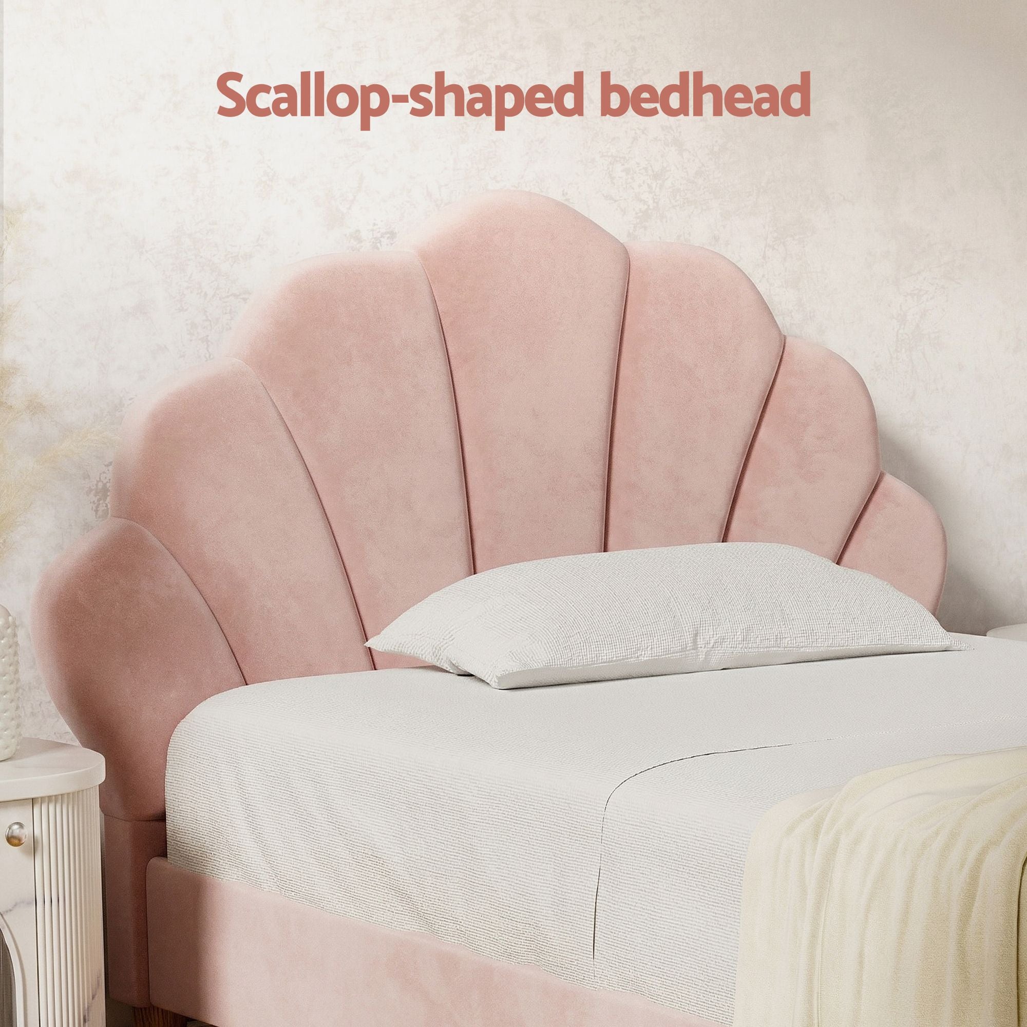 Artiss King Single Bed Frame BedStory Mattress Set Pink Velvet Scallop Bedhead with 20cm Mattress