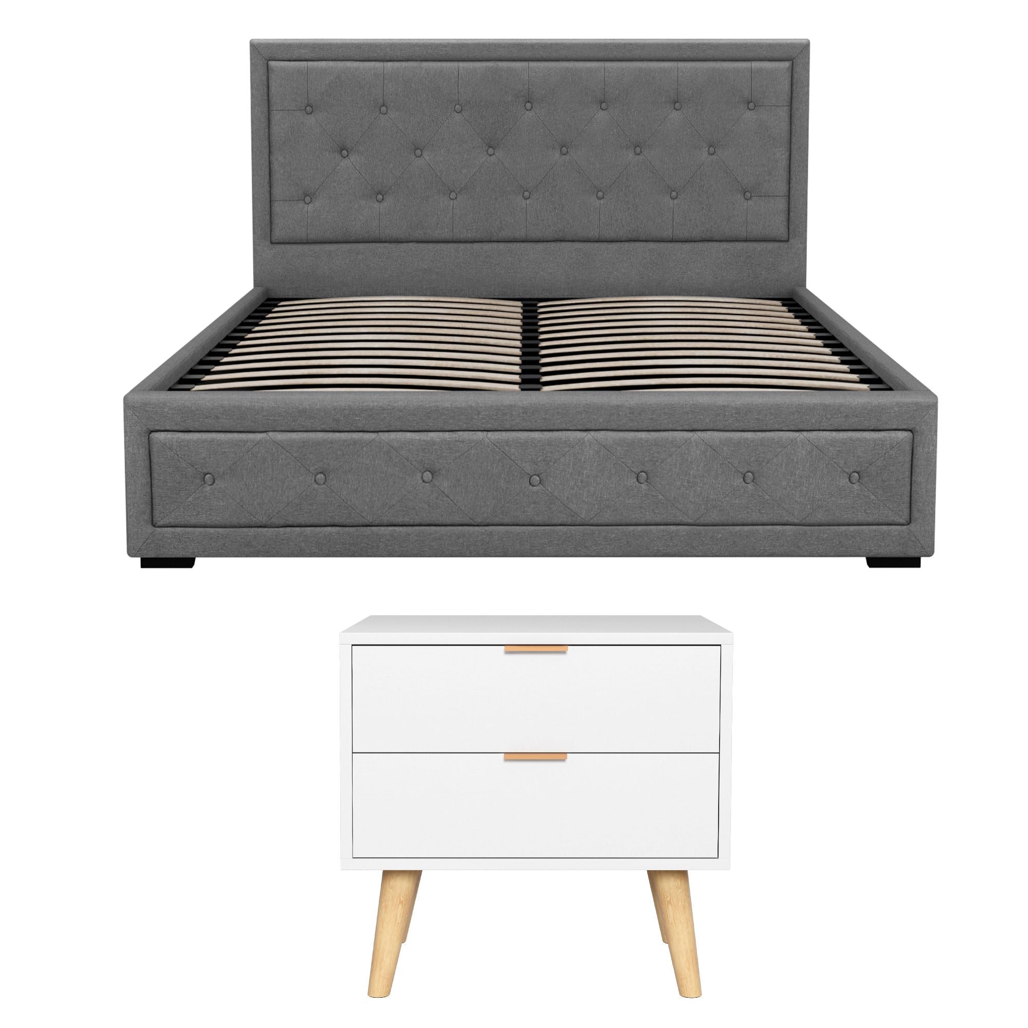 Artiss Upholstered Queen Gas Lift Storage Bed Frame with 2-Drawer Bedside Table Set