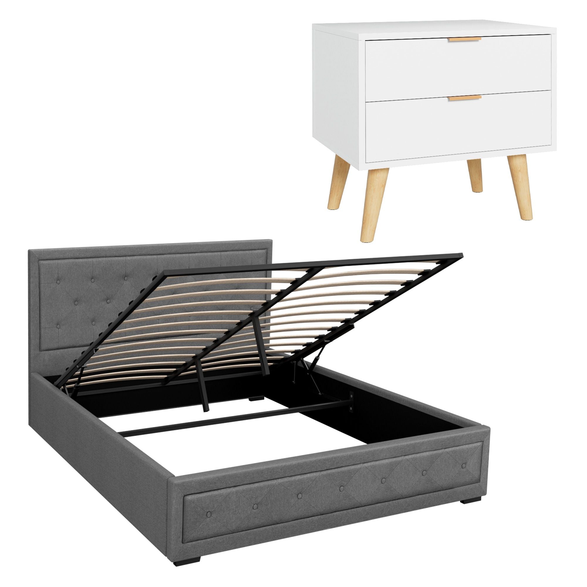 Artiss Upholstered Queen Gas Lift Storage Bed Frame with 2-Drawer Bedside Table Set