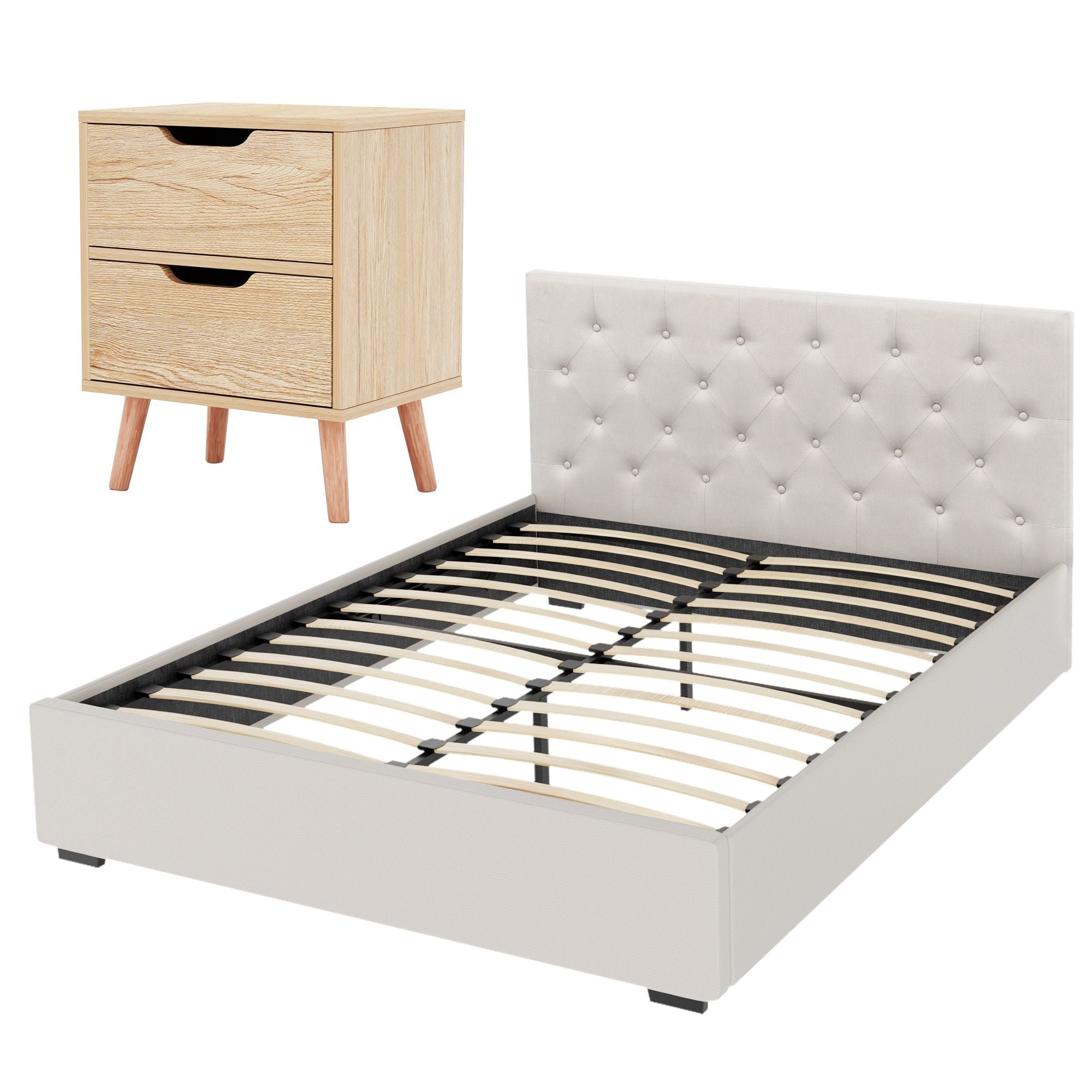 Artiss Double Bed Frame with Storage and Bedside Table Set Tufted Linen Gas Lift Bed Base and 2-Drawer Nightstand