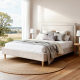 Beds & Bed Frames: Artiss Queen Bed Frame Platform Bed Base Upholstered Headboard Linen Fabric Beige