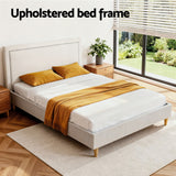 Beds & Bed Frames: Artiss Queen Bed Frame Platform Bed Base Upholstered Headboard Linen Fabric Beige