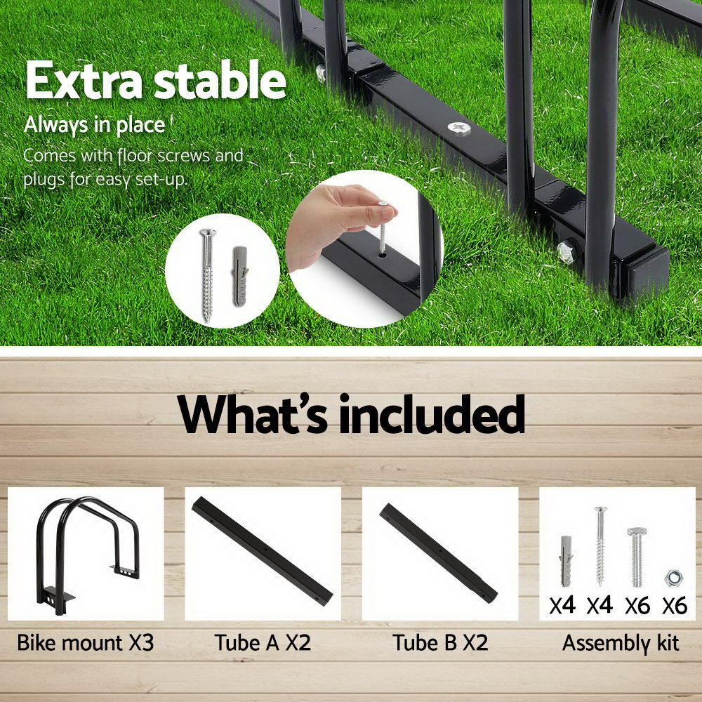 Bicycle Stands & Storage: Weisshorn 3 Bike Stand Rack Bicycle Storage Floor Parking Holder Cycling Black
