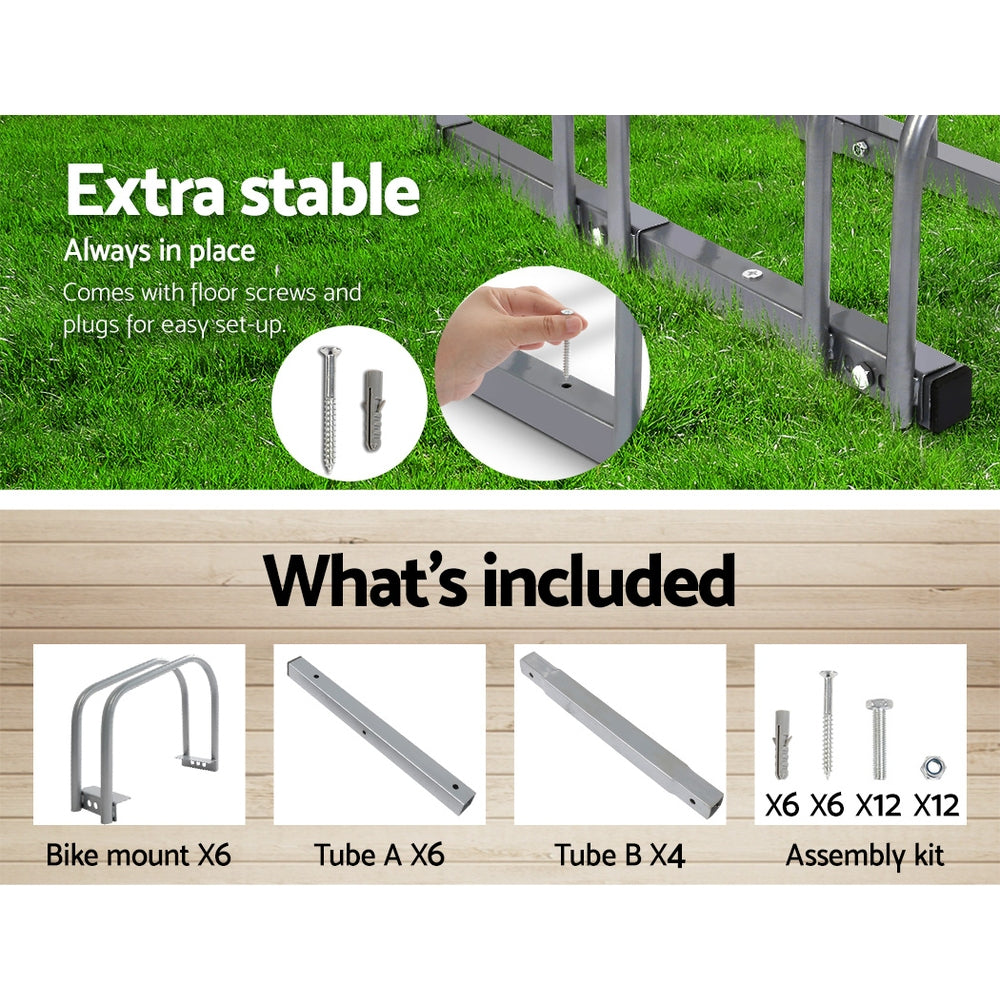 Bicycle Stands & Storage: Weisshorn 6 Bike Stand Rack Bicycle Storage Floor Parking Holder Cycling Silver