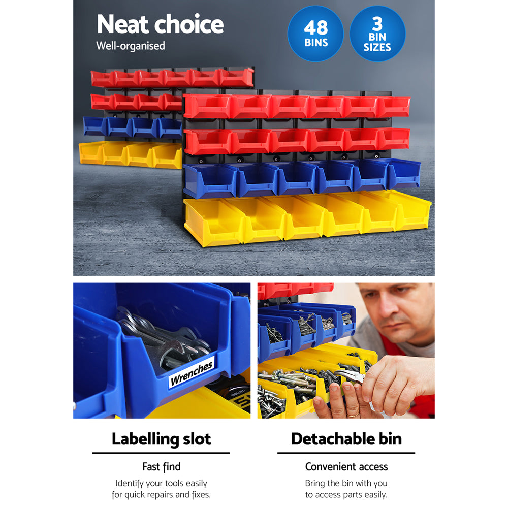 Wall Storage Racks: Giantz 48 Storage Bin Rack Wall Mounted Peg Board