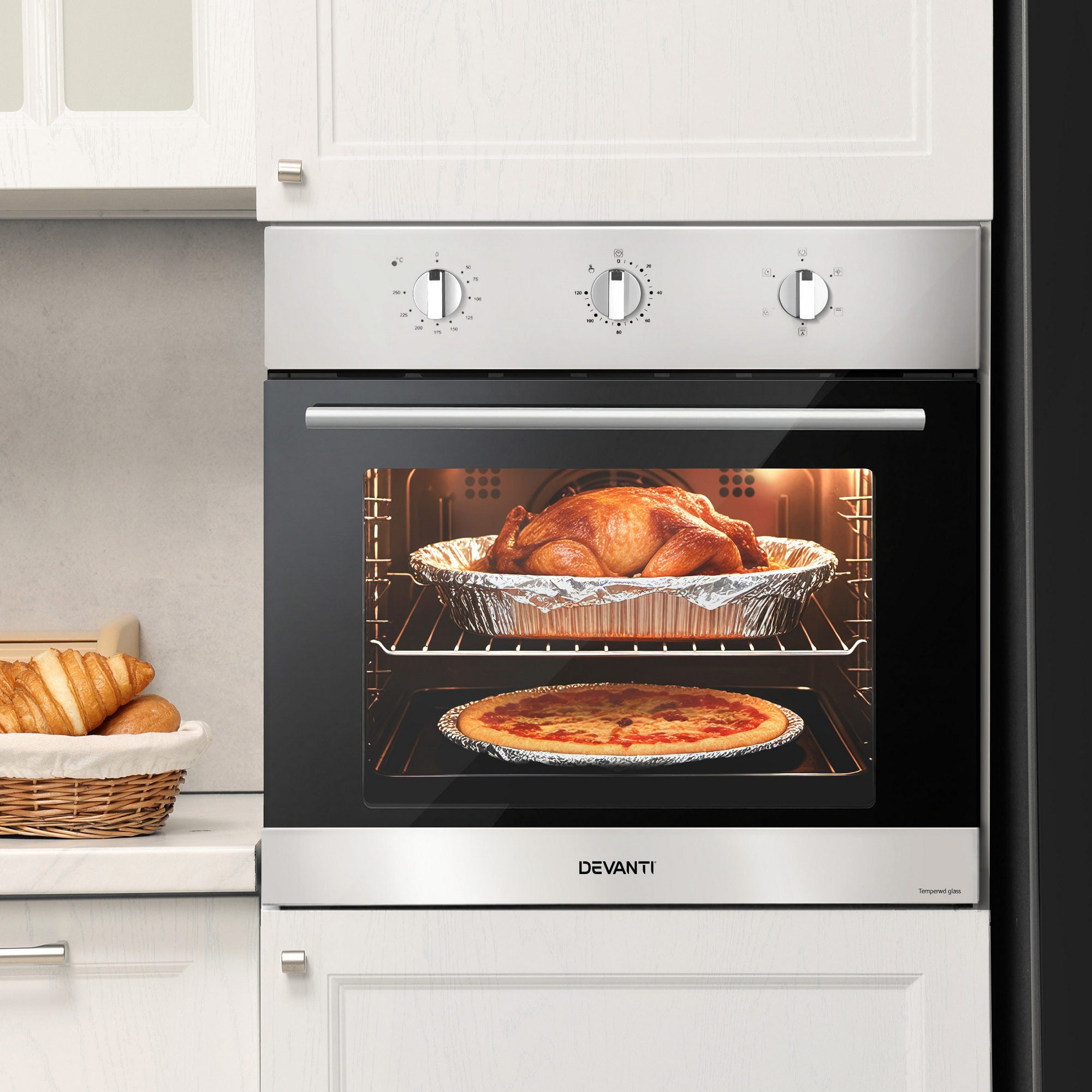 Ovens: Devanti 60cm Electric Built In Wall Oven Stainless Steel 70L Silver