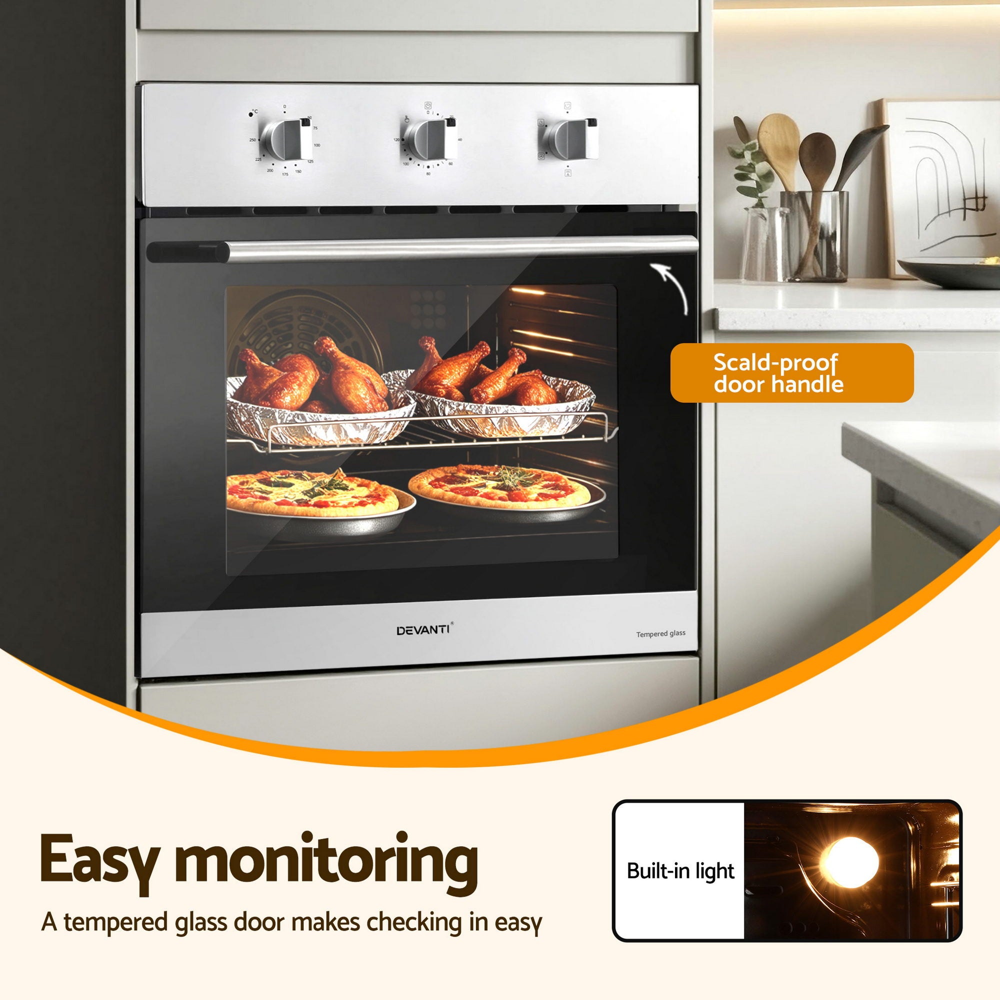 Ovens: Devanti 60cm Electric Built In Wall Oven Stainless Steel 70L Silver