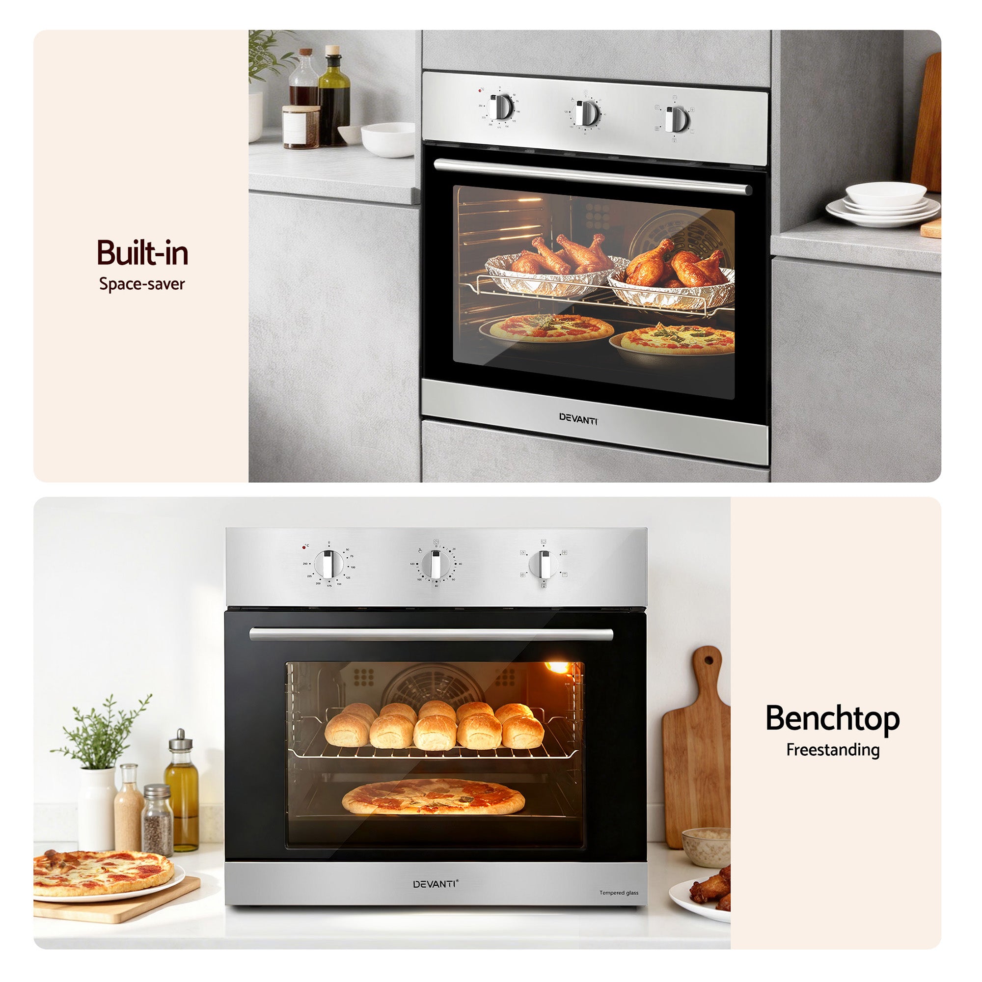 Ovens: Devanti 60cm Electric Built In Wall Oven Stainless Steel 70L Silver