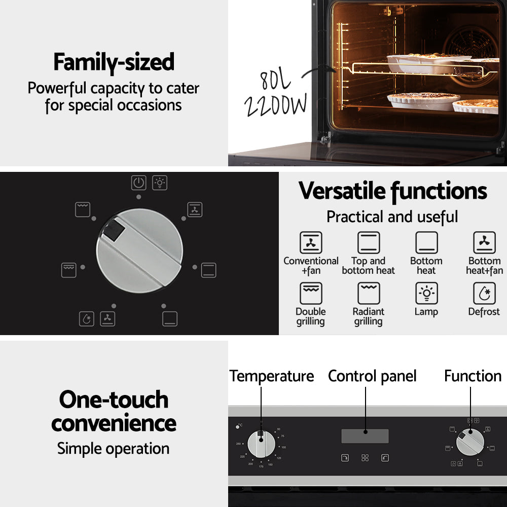 Ovens: Devanti Electric Built In Wall Oven 80L Convection Grill Ovens Stainless Steel