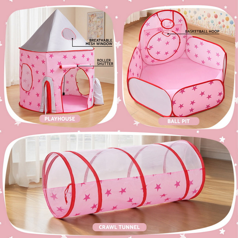 Pretend Play: Keezi Kids Playhouse Play Tent Pop Up Castle Crawl Tunnel Basketball Hoop Pink