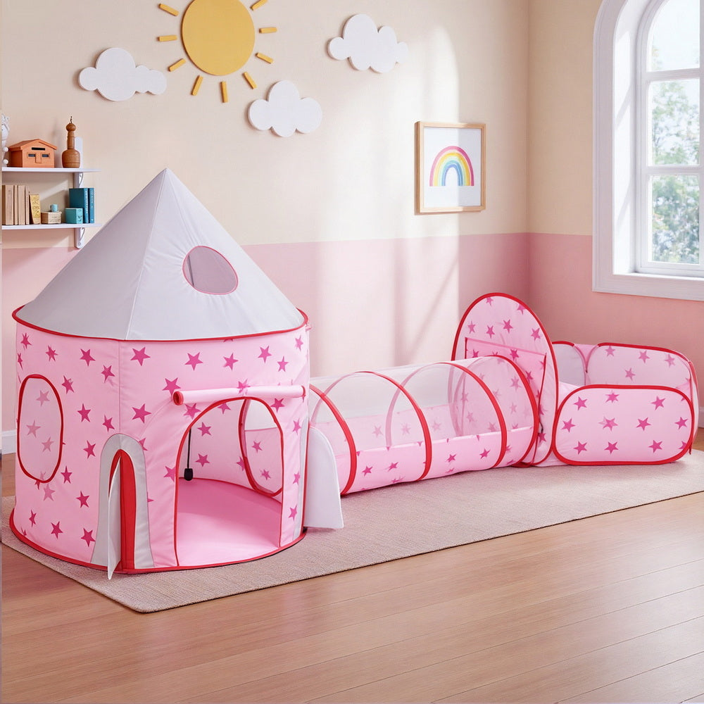 Pretend Play: Keezi Kids Playhouse Play Tent Pop Up Castle Crawl Tunnel Basketball Hoop Pink