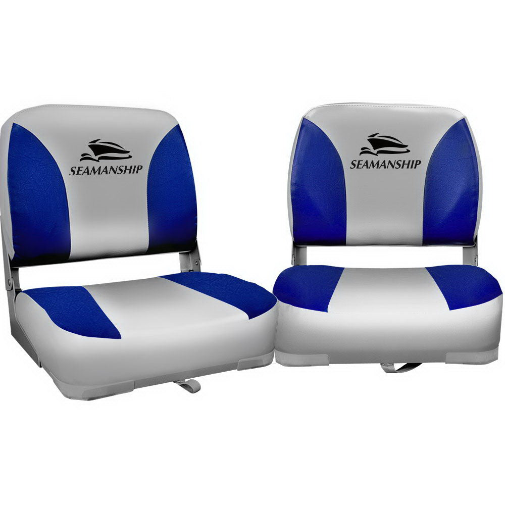 Boating Accessories: Seamanship 2X Folding Boat Seats Marine Swivel Low Back 13cm Padding Grey Blue
