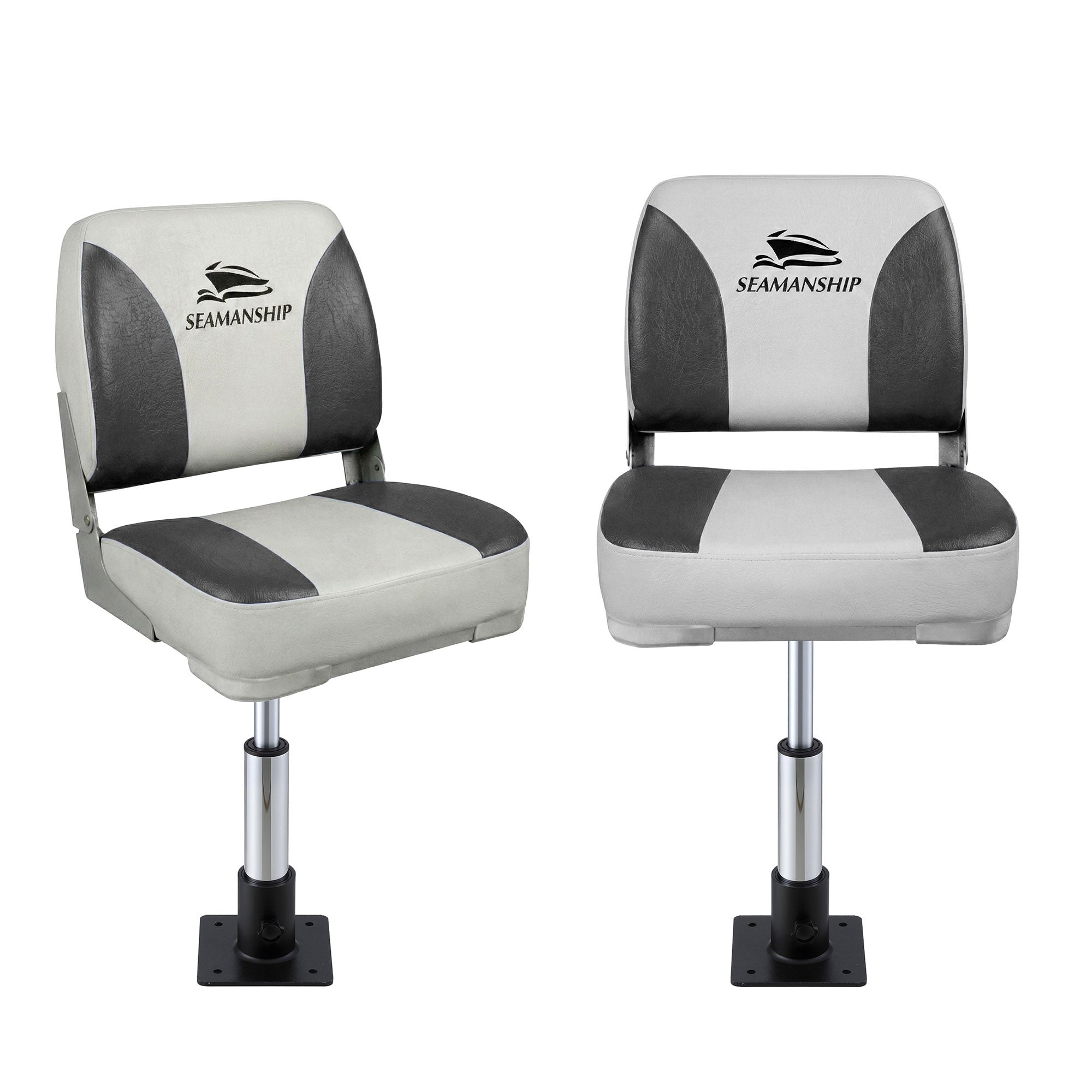Boating Accessories: Seamanship 2X Folding Boat Seats with 2X Adjustable Pedestals 3446cm Marine Swivel Low Back 13cm Padding Charcoal