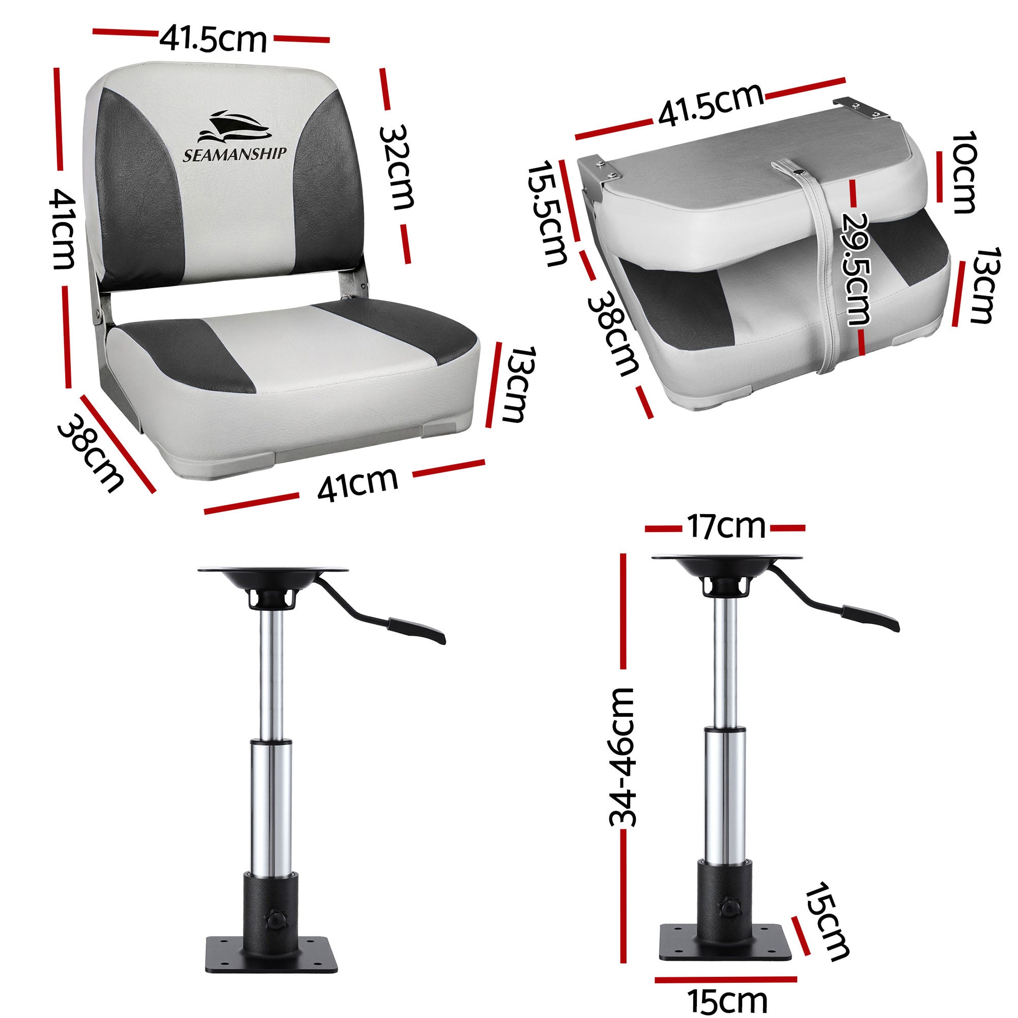 Boating Accessories: Seamanship 2X Folding Boat Seats with 2X Adjustable Pedestals 3446cm Marine Swivel Low Back 13cm Padding Charcoal
