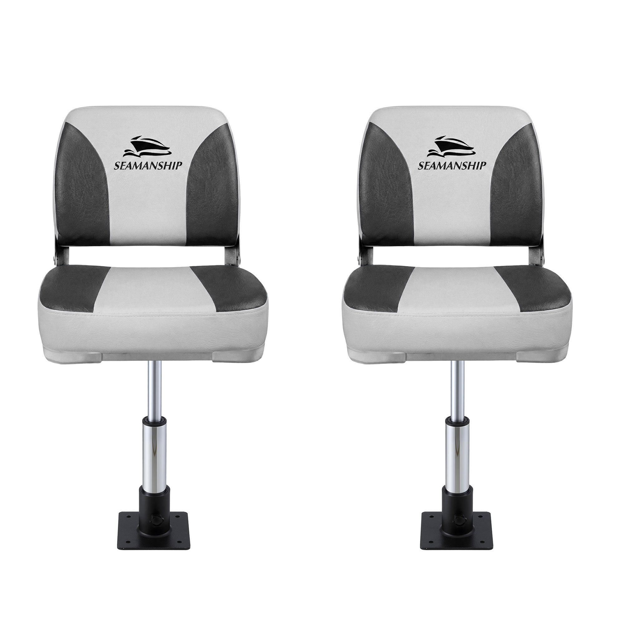 Boating Accessories: Seamanship 2X Folding Boat Seats with 2X Adjustable Pedestals 3446cm Marine Swivel Low Back 13cm Padding Charcoal