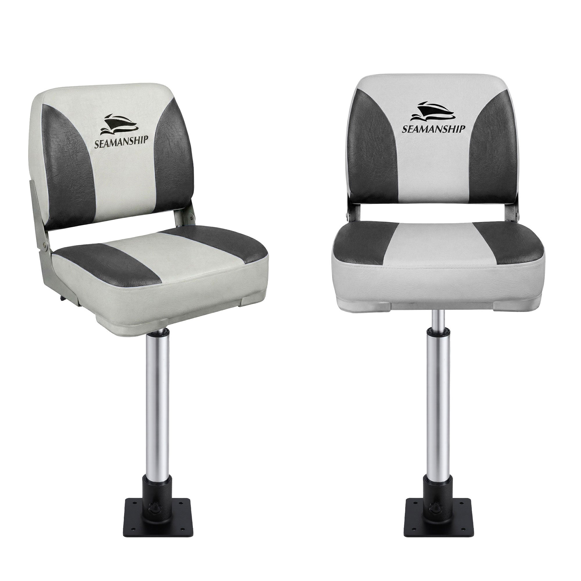 Boating Accessories: Seamanship 2X Folding Boat Seats with 2X Adjustable Pedestals 5575cm Marine Swivel Low Back 13cm Padding Charcoal