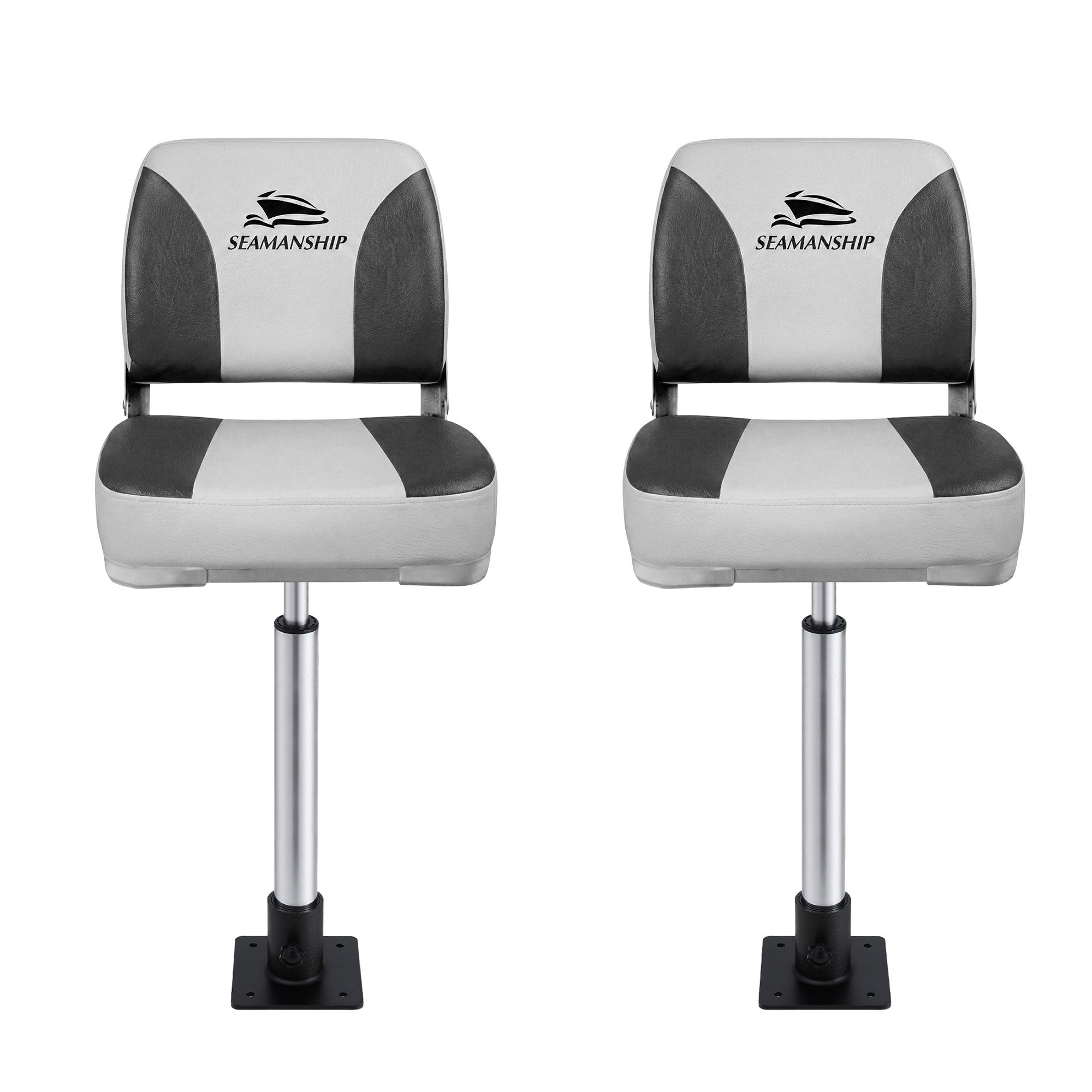 Boating Accessories: Seamanship 2X Folding Boat Seats with 2X Adjustable Pedestals 5575cm Marine Swivel Low Back 13cm Padding Charcoal
