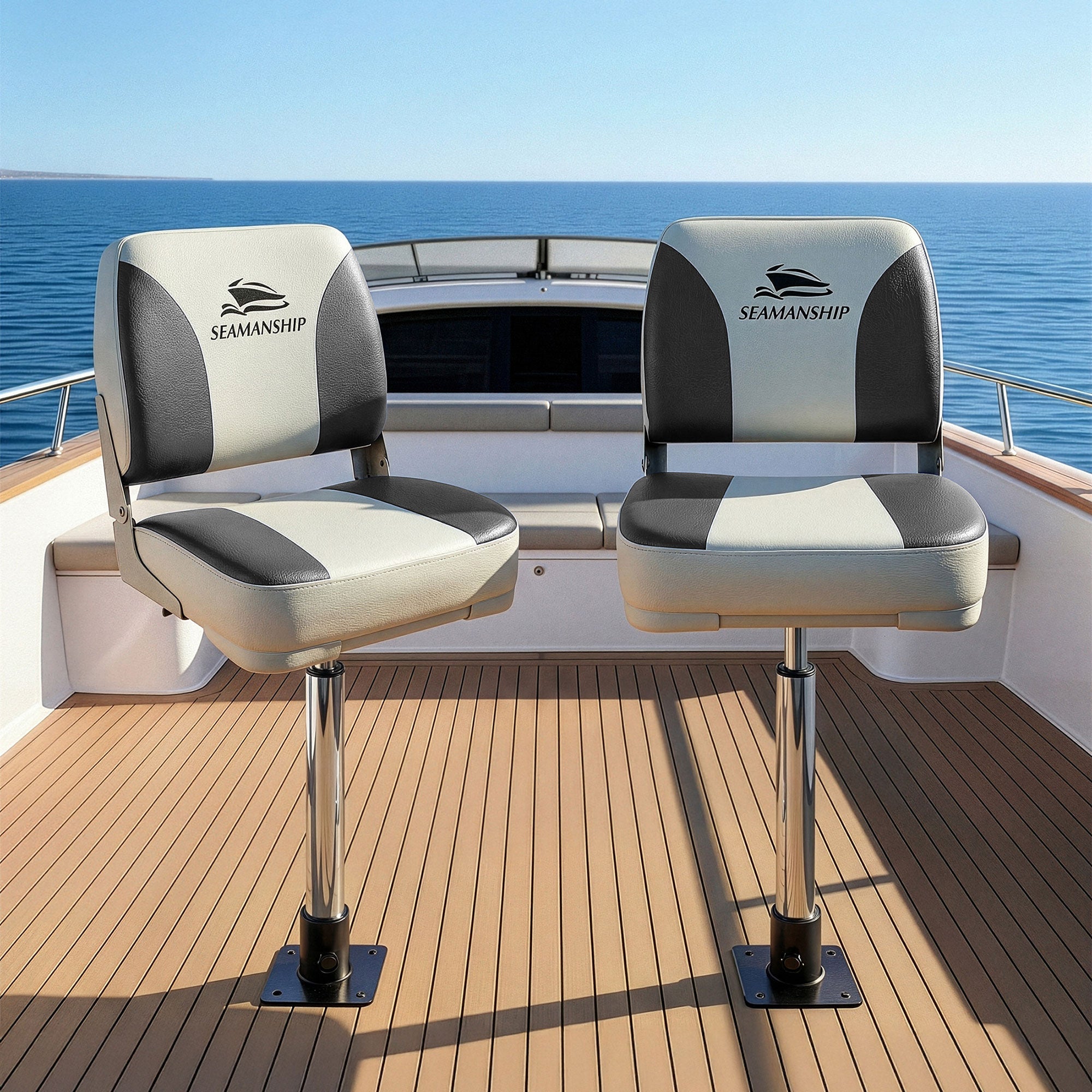 Boating Accessories: Seamanship 2X Folding Boat Seats with 2X Adjustable Pedestals 5575cm Marine Swivel Low Back 13cm Padding Charcoal