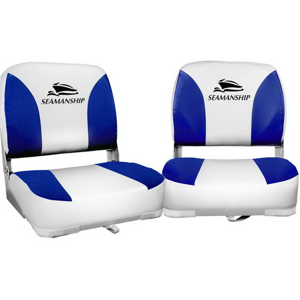 Boating Accessories: Seamanship 2X Folding Boat Seats Marine Swivel Low Back 13cm Padding White Blue