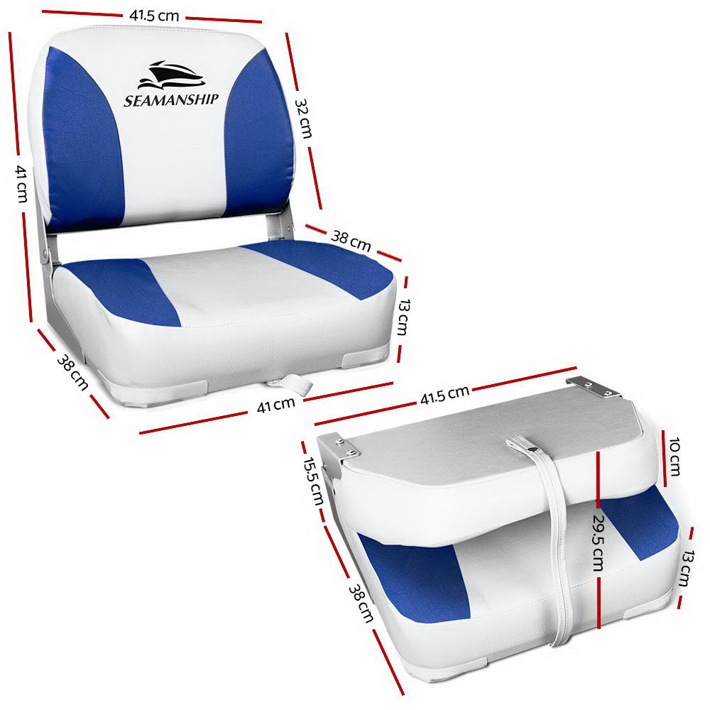 Boating Accessories: Seamanship 2X Folding Boat Seats Marine Swivel Low Back 13cm Padding White Blue