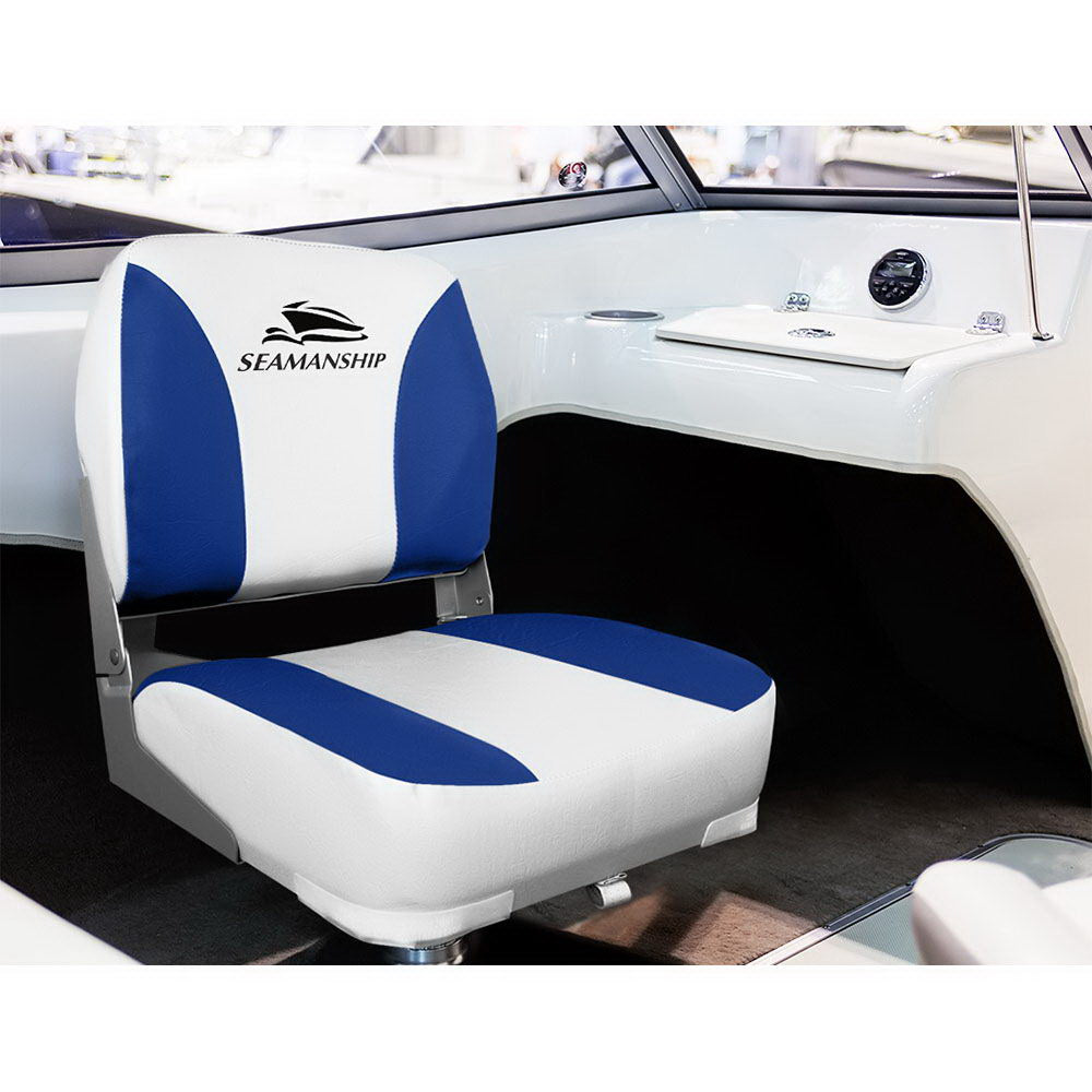 Boating Accessories: Seamanship 2X Folding Boat Seats Marine Swivel Low Back 13cm Padding White Blue