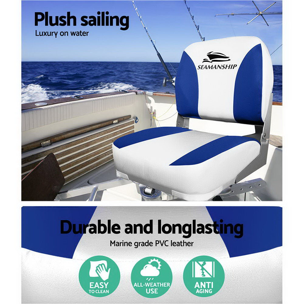 Boating Accessories: Seamanship 2X Folding Boat Seats Marine Swivel Low Back 13cm Padding White Blue