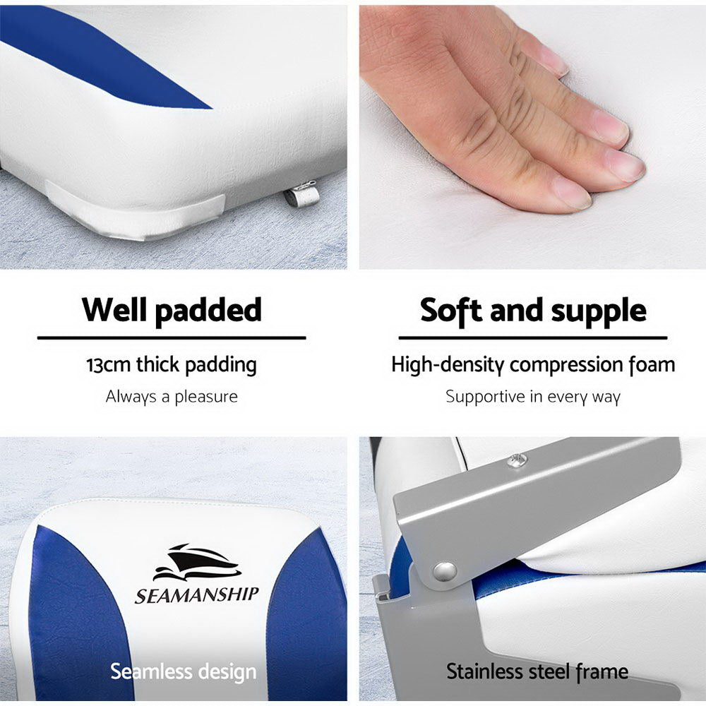 Boating Accessories: Seamanship 2X Folding Boat Seats Marine Swivel Low Back 13cm Padding White Blue