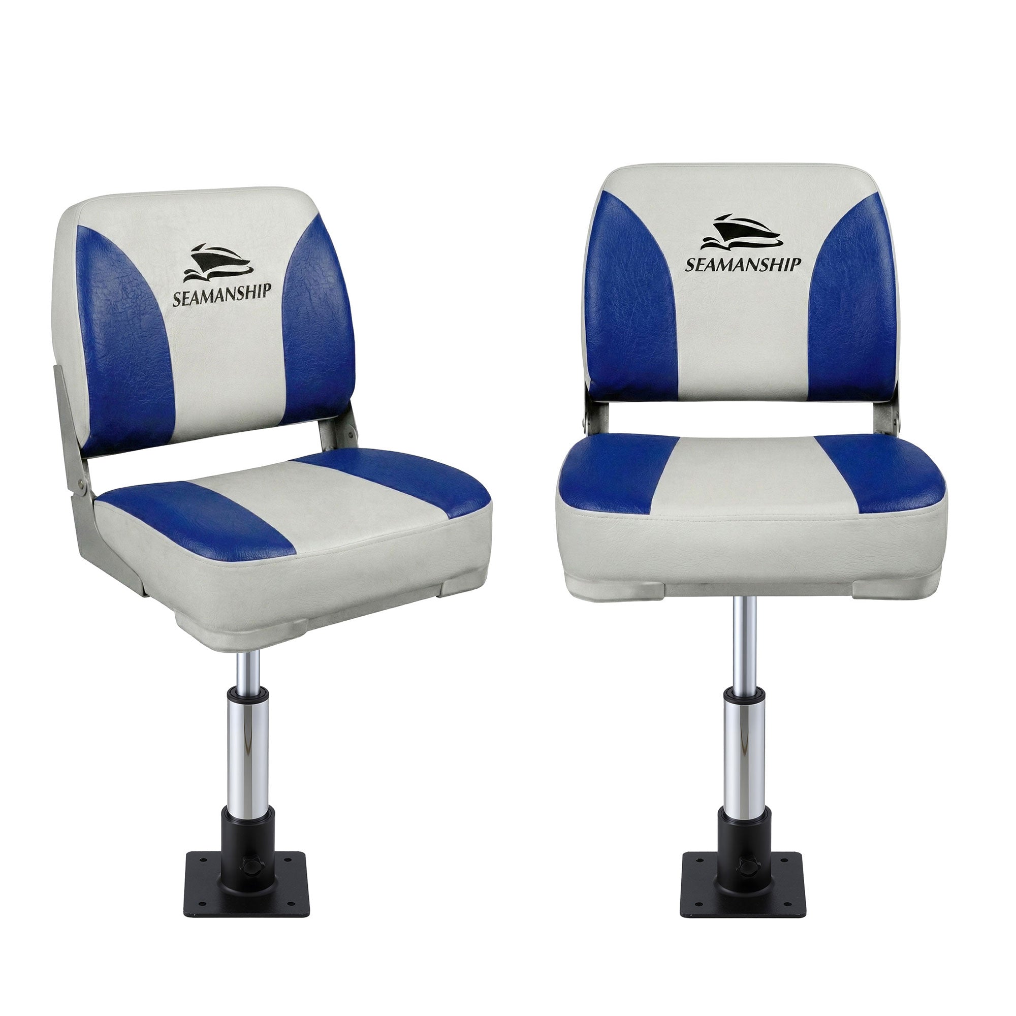 Boating Accessories: Seamanship 2X Folding Boat Seats with 2X Adjustable Pedestals 3446cm Marine Swivel Low Back 13cm Padding White Blue