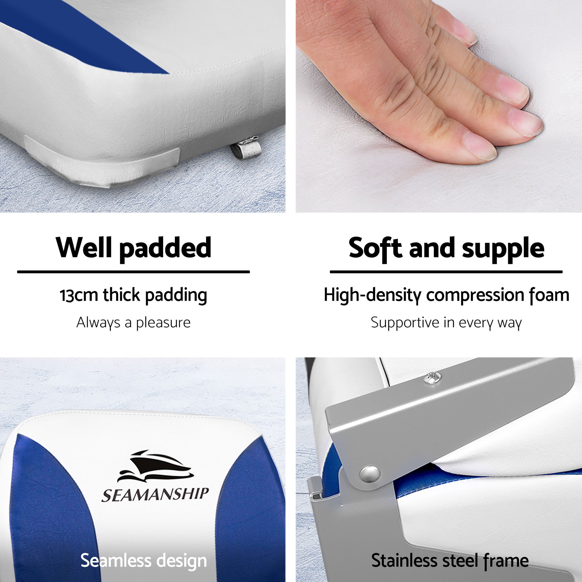 Boating Accessories: Seamanship 2X Folding Boat Seats with 2X Adjustable Pedestals 3446cm Marine Swivel Low Back 13cm Padding White Blue