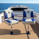 Boating Accessories: Seamanship 2X Folding Boat Seats with 2X Adjustable Pedestals 3446cm Marine Swivel Low Back 13cm Padding White Blue